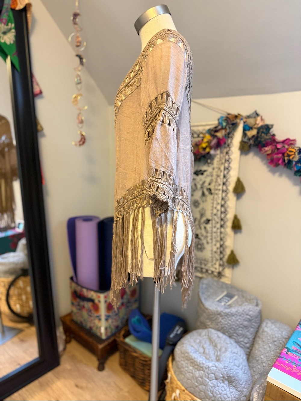 Boho Fringe Crochet Tunic Top in Taupe - Picture 4 of 5
